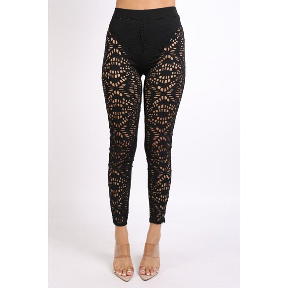 Women's Sexy Black Laser Cut Leggings Comfy Lightweight Quick Dry Silky - Picture 10 of 16